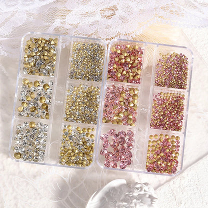 6 Grids/Box Crystal Broken Diamond Glass Nail Rhinestone AB Color Flat/Pointed Nail Gemstone Brilliant Nail Art Decoration Stone