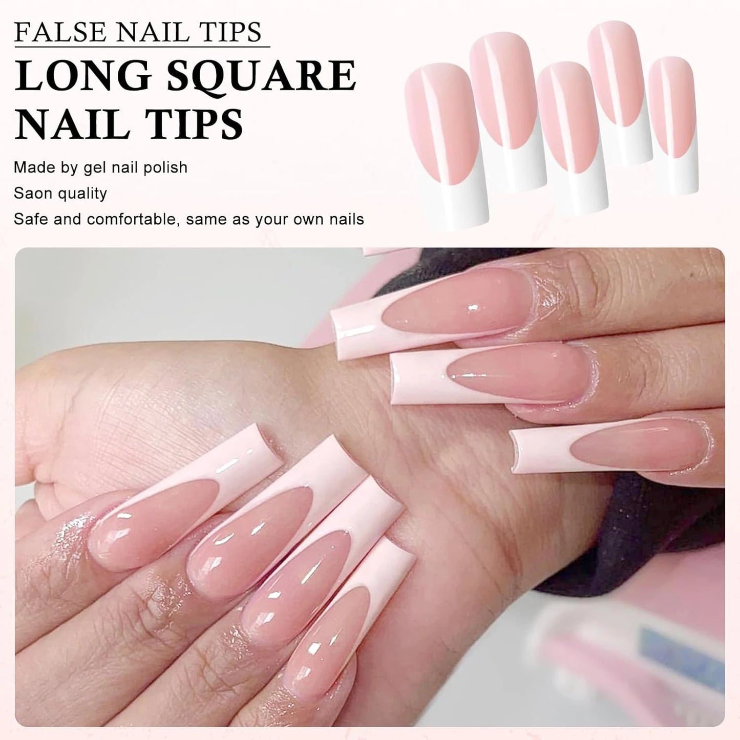 120Pcs Long Press on Nails Square Nude French Fake Nails, Glossy Long False Nails Press Acrylic Stick on Nails for Women Girls