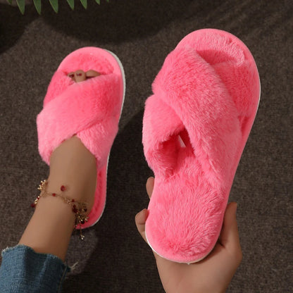 CrissCross Band Plush House Slippers for Women Open Toe Soft Sole Fuzzy Home Shoes Woman Winter Cozy Warm Indoor Floor Slippers