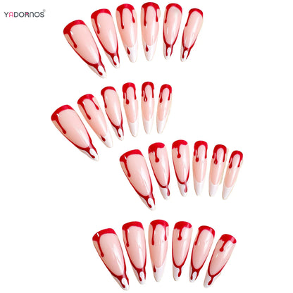 Halloween Press on Nails Long Stiletto White French Style Fake Nails Women Girls Party Charms Manicure Red Blood Designs 24Pcs