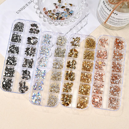 12Grids Mixed-Shape Gold Diamond Nail Rhinestones Non Hot Fix Flatback Crystal Charms 3D Glitter Nail Rhinestones Maincure Decor