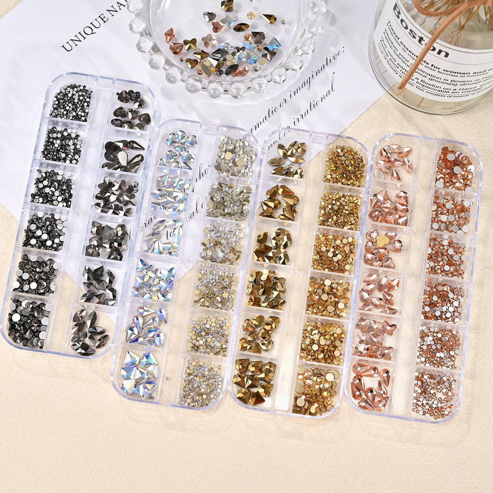 1000pcs+ Royal BlueNail Rhinestones 12 Grids Mixed Shaped Non Hot Fix Flatback Crystal Charms 3D Glitter Nail Arts Rhinestones