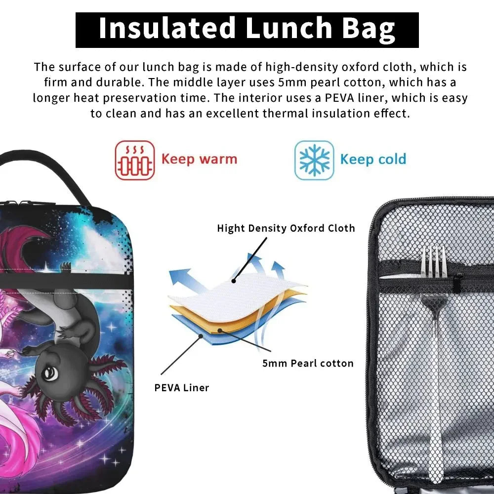 Axolotl In Pocket Insulated Lunch Bags for Women Amphibian Exotic Animal Resuable Thermal Cooler Bento Box Kids School Children