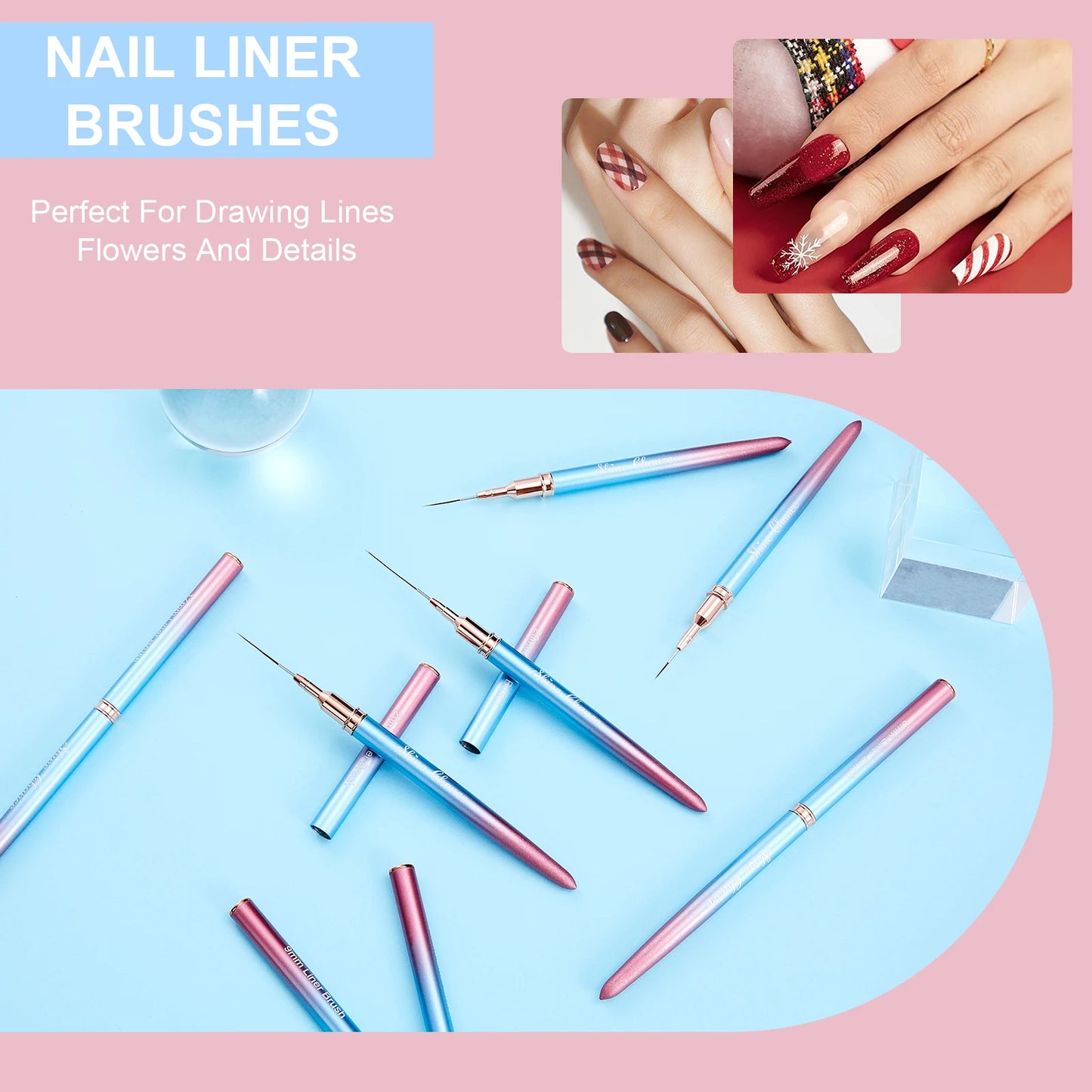 6Pcs Transparent French Stripe Liner Kolinsky Brush 3D Tips Manicure Ultra-thin Line Drawing Pen Brushes Painting Nail Art Tools