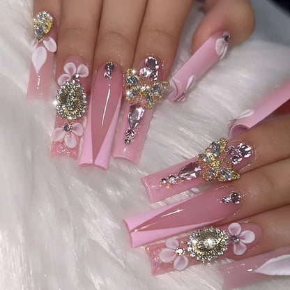 24Pcs Long Square False Nails with Bow Rhinestone Design Pink French Fake Nail Wearable Ballet Coffin Full Cover Press on Nails