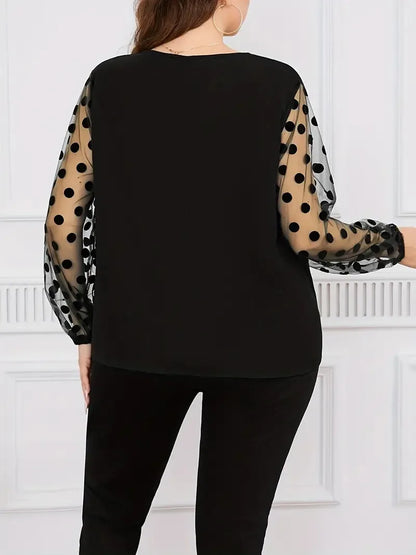 GIBSIE Plus Size Notch Neck Dot Mesh Long Sleeve Blouse Women Spring Summer Black Elegant Office Ladies Casual Tops Blouses