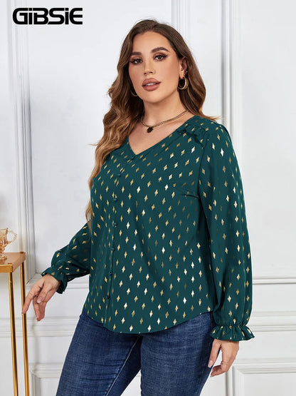 GIBSIE Plus Size Gold Print Frill Trim V-Neck Blouse Women Spring Fall Buttons Casual Long Sleeve Ladies Tops And Blouses 2023