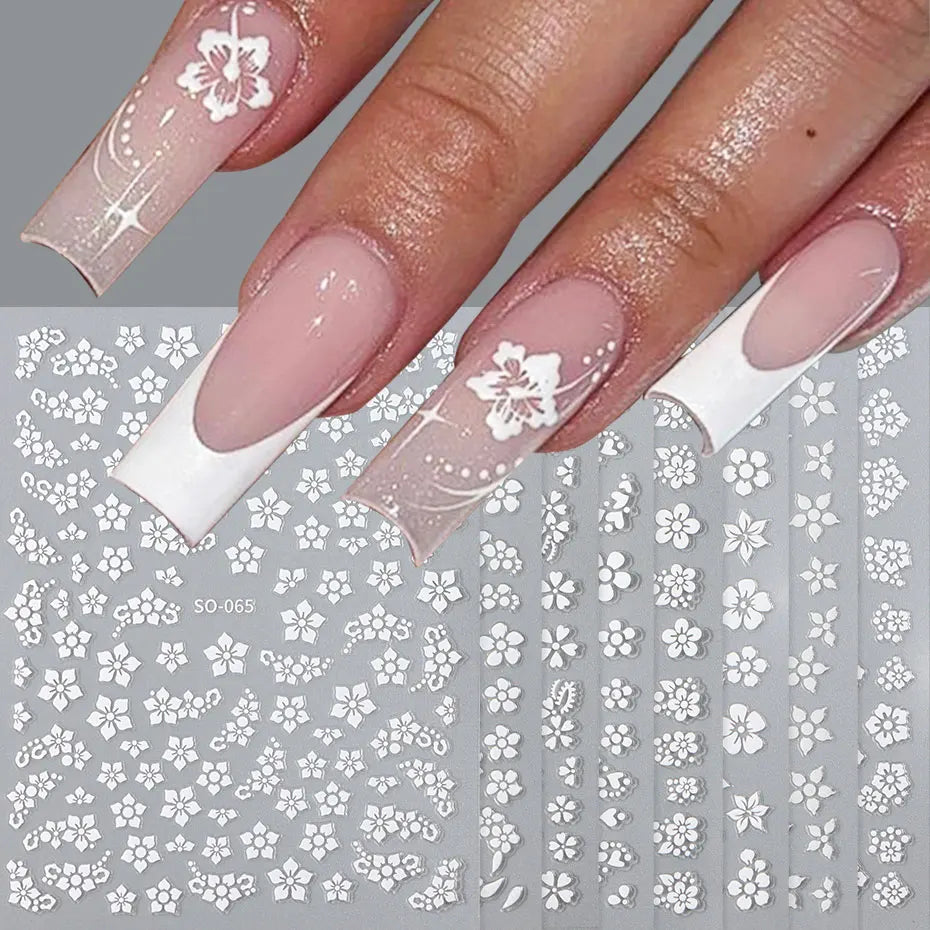 8/30Pcs Kawaii White Flower Nail Sticker Set Cute Japanese Style Floral Decals Sakura Petals DIY Nail Charms Foils Wedding Decor