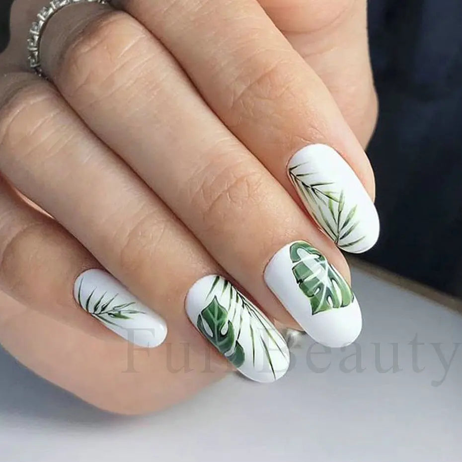 12pcs Green Palms Leaf Water Transfer Nail Sticker Summer Tropical Plants Decals Watermark Slider for Nail Art Decoration Tips