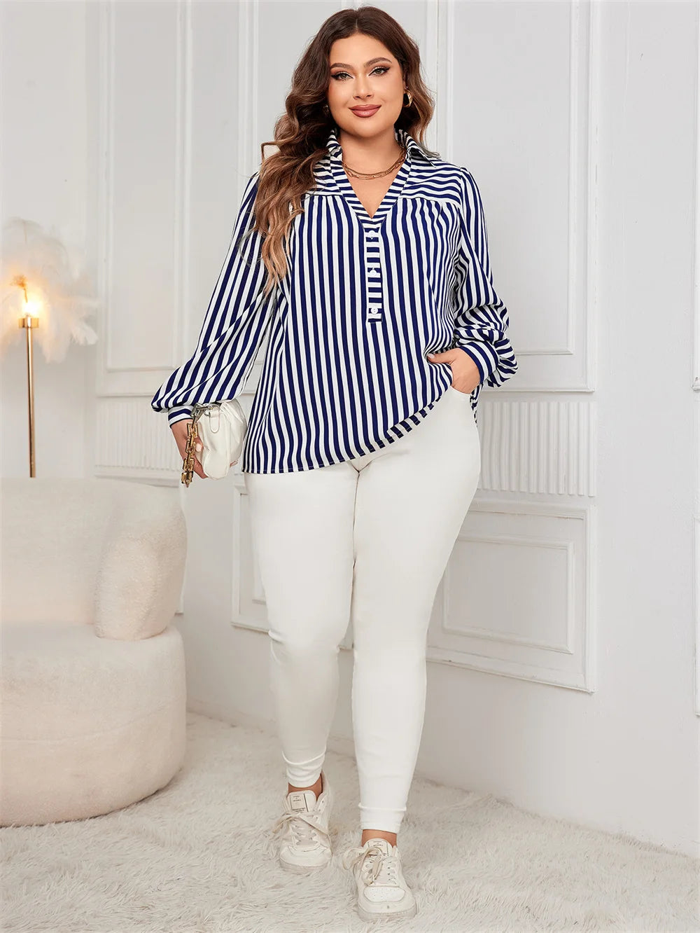 GIBSIE Plus Size Blue And White Striped Shirt Woemn Autumn New Polo Collar Long Sleeve Button Front Casual Loose Blouses Tops