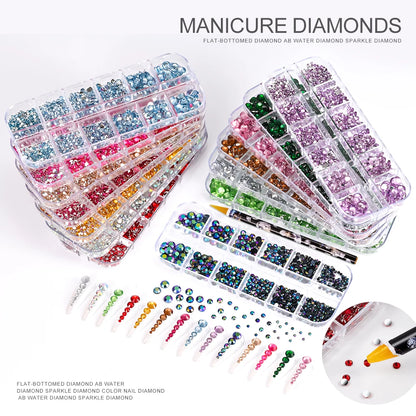 12grids Red Nail Gems Rhinestones 2/3/4/5mm Flat-Back Nail Crystal Diamond SS6/10/16/20/30 Mixed Luxury Glass Rhinestones Charms