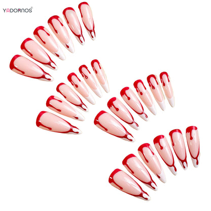 Halloween Press on Nails Long Stiletto White French Style Fake Nails Women Girls Party Charms Manicure Red Blood Designs 24Pcs