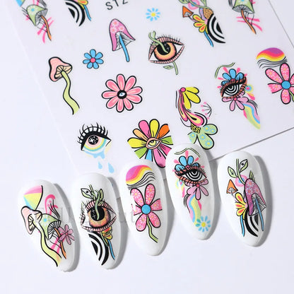 3D Nail Stickers Eyes Mushroom Flower Sliders for Nails Designs Rainbow Abstract Nail Art Adhesive Decals  Decoration STZCS240