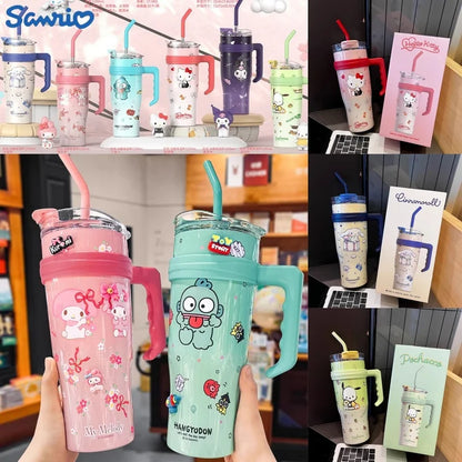 1200ml Sanrio Thermos Bottle Cute Hello Kitty Kuromi Cinnamoroll Melody Cartoon Large Capacity Straw Stainless Steel Bottle Gift