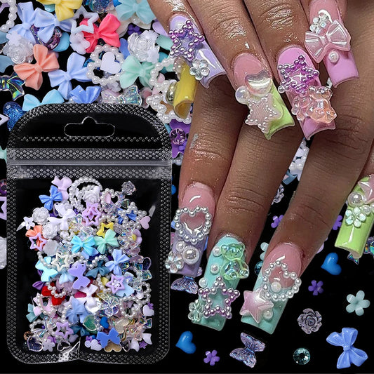 100Pcs 3D Colorful Mixed Nail Decorations Kawaii Resin Nail Charms Exqusite Bowknot Heart Flower Shaped Jewelry DIY Nail Accesso