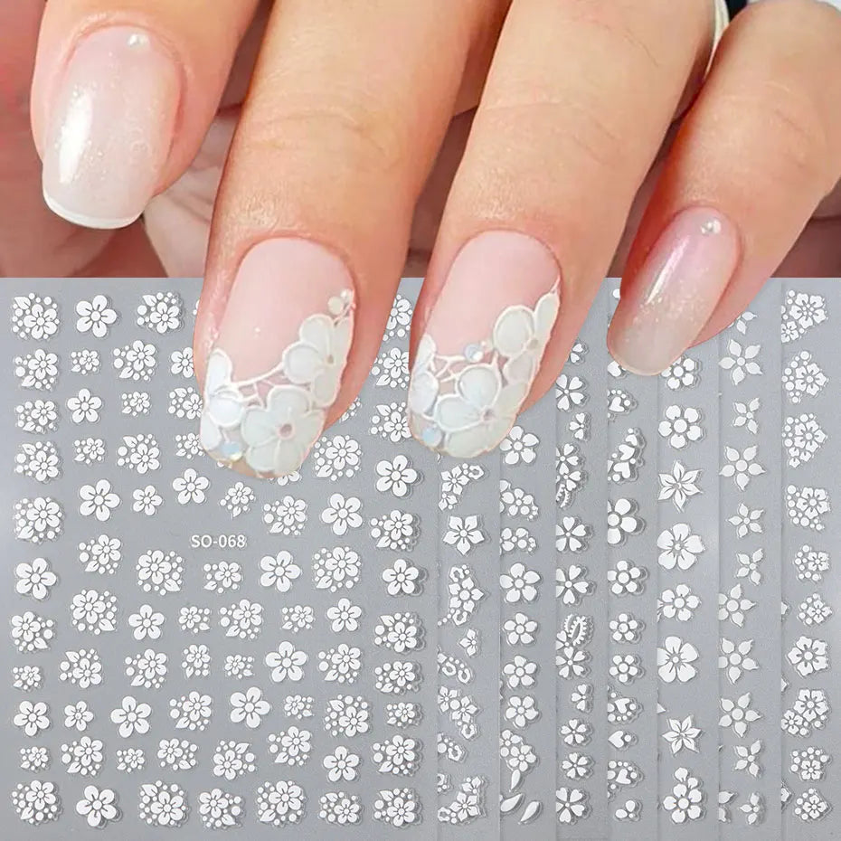 8/30Pcs Kawaii White Flower Nail Sticker Set Cute Japanese Style Floral Decals Sakura Petals DIY Nail Charms Foils Wedding Decor