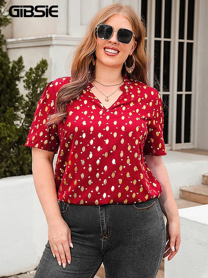 GIBSIE Plus Size Gold Print V-Neck Blouse For Women Fashion 2023 New Summer Short Sleeve Sweet Casual Streetwear Tops Blouses