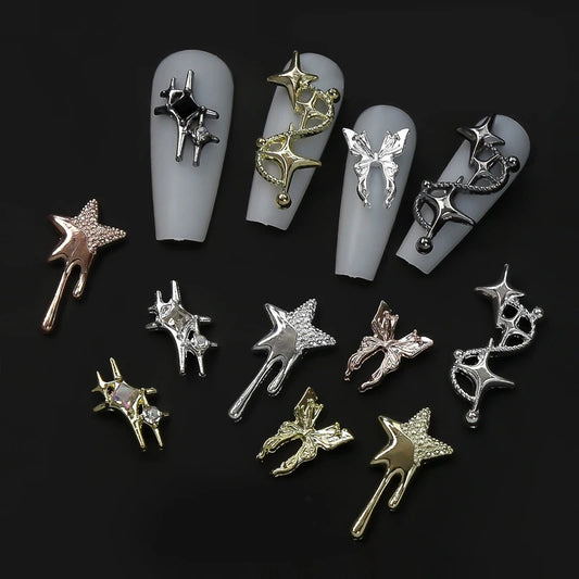 10Pcs/Bag Material Gold Silver Star Butterfly Shaped Nail Rhinestone Mixed 3D Nail Decorations DIY Nail Art Charms Accessories