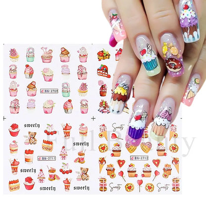 Sweet Desserts Nail Art Water Transfer Decals Stickers Mix Macaron Cake Candy Drink Ice Cream Cartoon Sliders Wholesale LABN2701