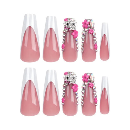 24Pcs/set Y2K Fake Nail Art with Hellokitty Rhinestone French White Edge Design Wearable Long Fasle Nail Tips Manicure Patch