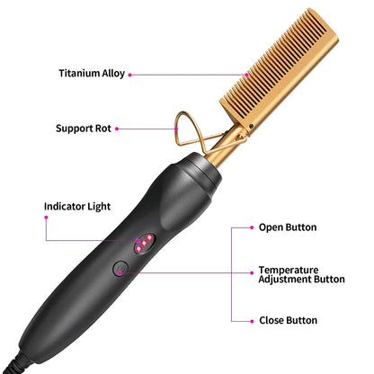 Hot Comb Hair Straightener Heat Pressing Combs Portable Ceramic Curling Iron for Hair Beard Wigs Wet and Dry Hair Styling Tools