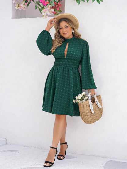 GIBSIE Plus Size Swiss Dot Cutout Mock Neck Dress Women 2024 Spring Summer Boho Long Sleeve Elastic Waist Short A-Line Dresses