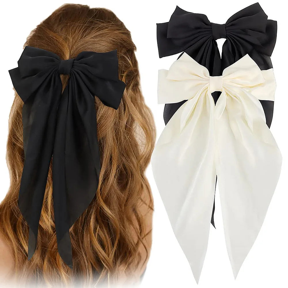 2Pcs/Set Elegant Bow Ribbon Hair Clip Women Fashion Solid Bowknot Satin Hairpin Barrettes Girls Ponytail Clip Hair Accessories