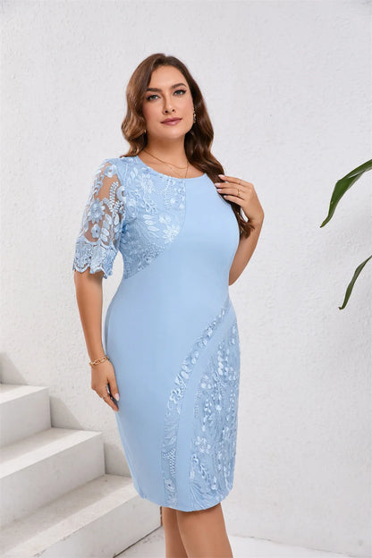 GIBSIE Plus Size Embroidered Lace Half Sleeve O-Neck Dress Women's Summer Autumn Cocktail Party Elegant Bodycon Midi Dresses