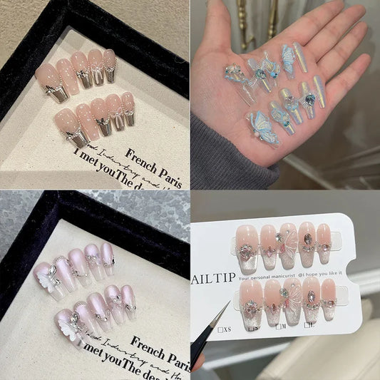 10Pcs Blue Handmade acrylic Nails Set Press on Professional Full Cover Nail Tips Manicure Angel Rose Design Wearable False Nails