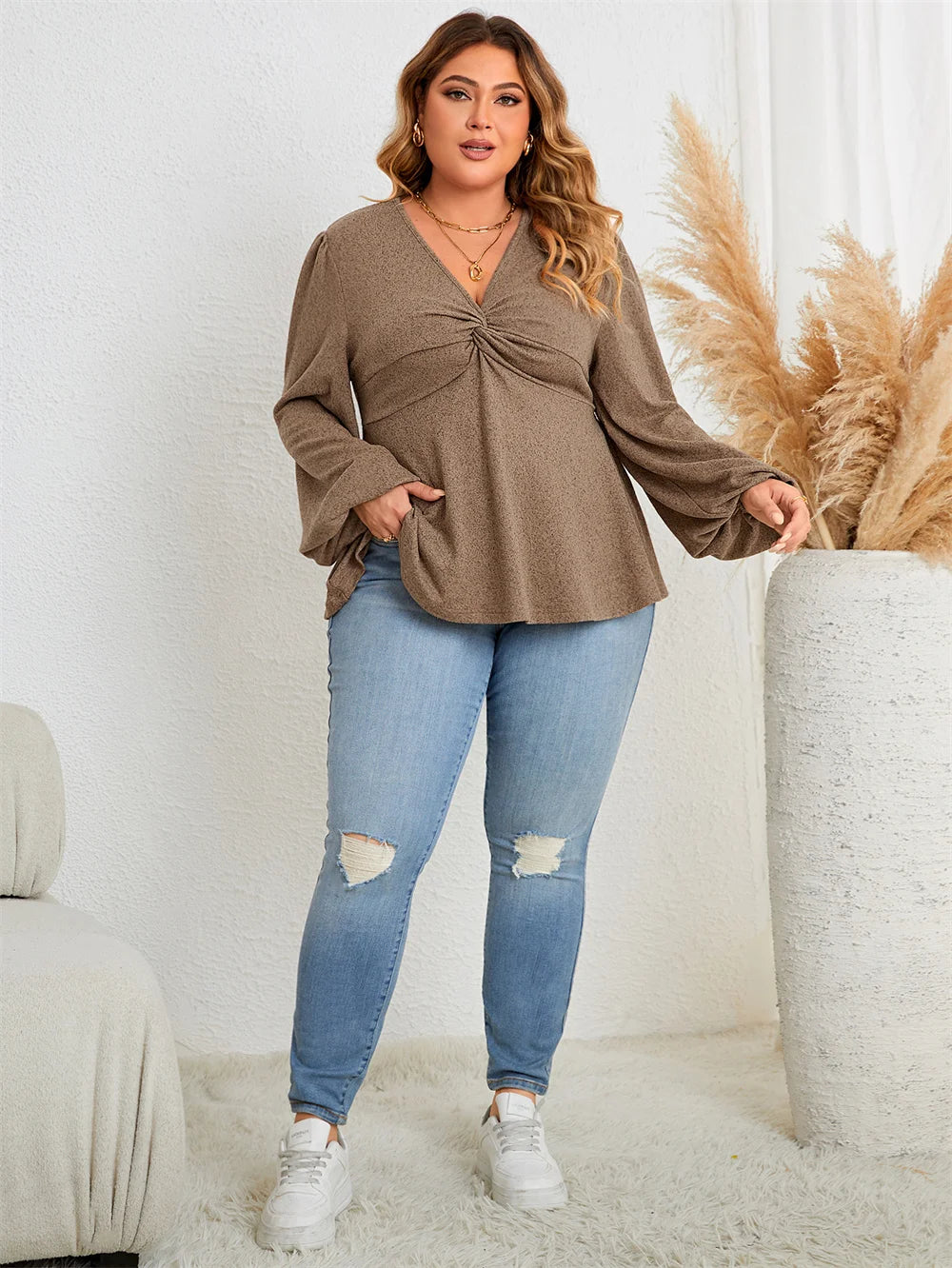 GIBSIE Plus Size Casual V Neck Twist Front Peplum Top Women Fashion 2023 Autumn New Vintage Full Lantern Sleeve Tunic Blouse