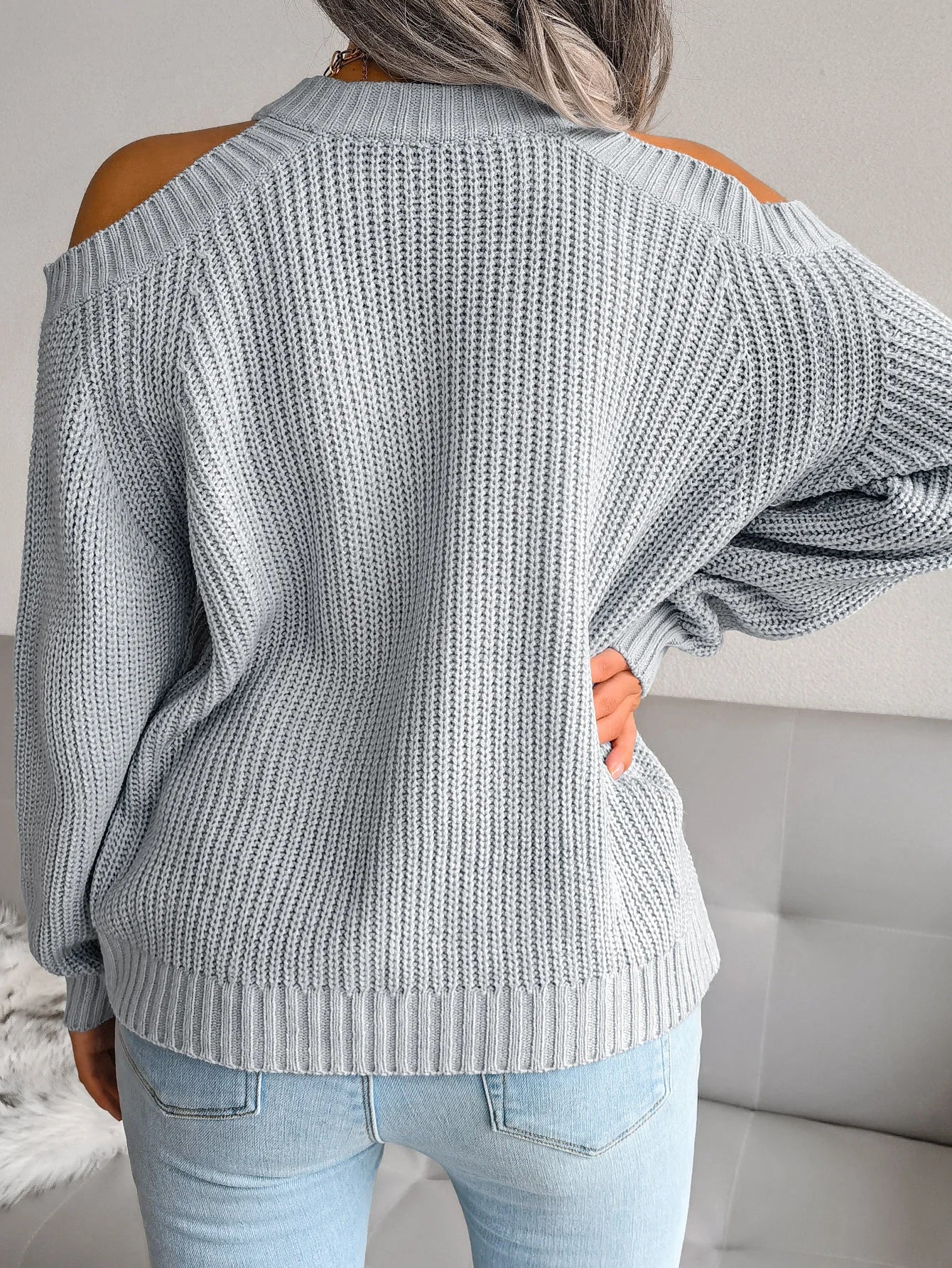 Autumn Winter Casual Solid Color Crew Neck Off Shoulder Long Sleeve Knitted Pullover For Women Sweater Top