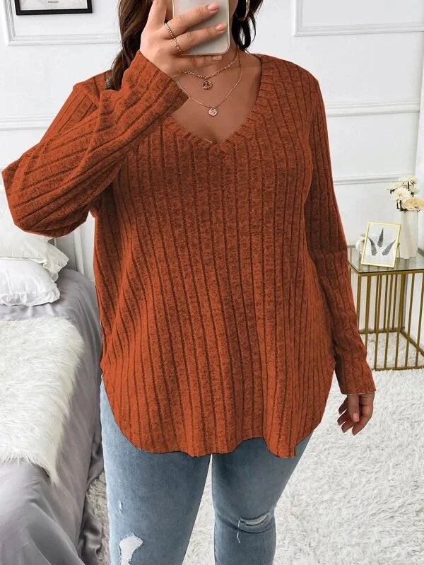 GIBSIE Plus Size Women's Casual V-Neck Long Sleeve Tees Shirt 2024 Spring Autumn Fashion Loose Ribbed Knit Tops for Women