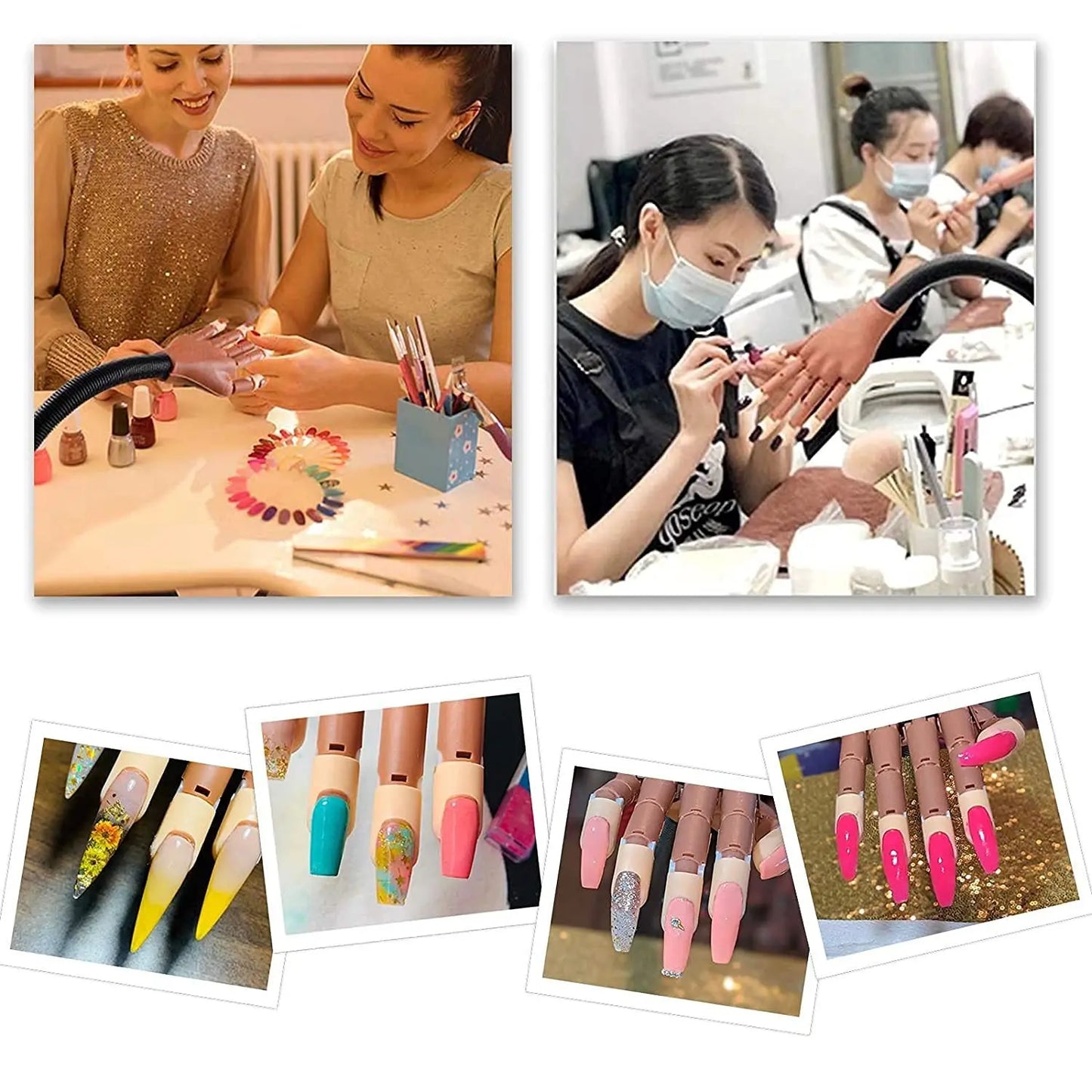 Practice Hand For Acrylic Nails Adjustable Flexible Nail Practice Hands Training Movable Nail Manicure Hand with 100 Nail Tips