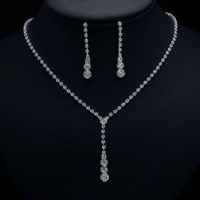 Luxury Crystal Bride Jewelry Set Rhinestone Wedding Dress Banquet Zircon Chain Necklace Dangle Earring Sets Ladies Accessories