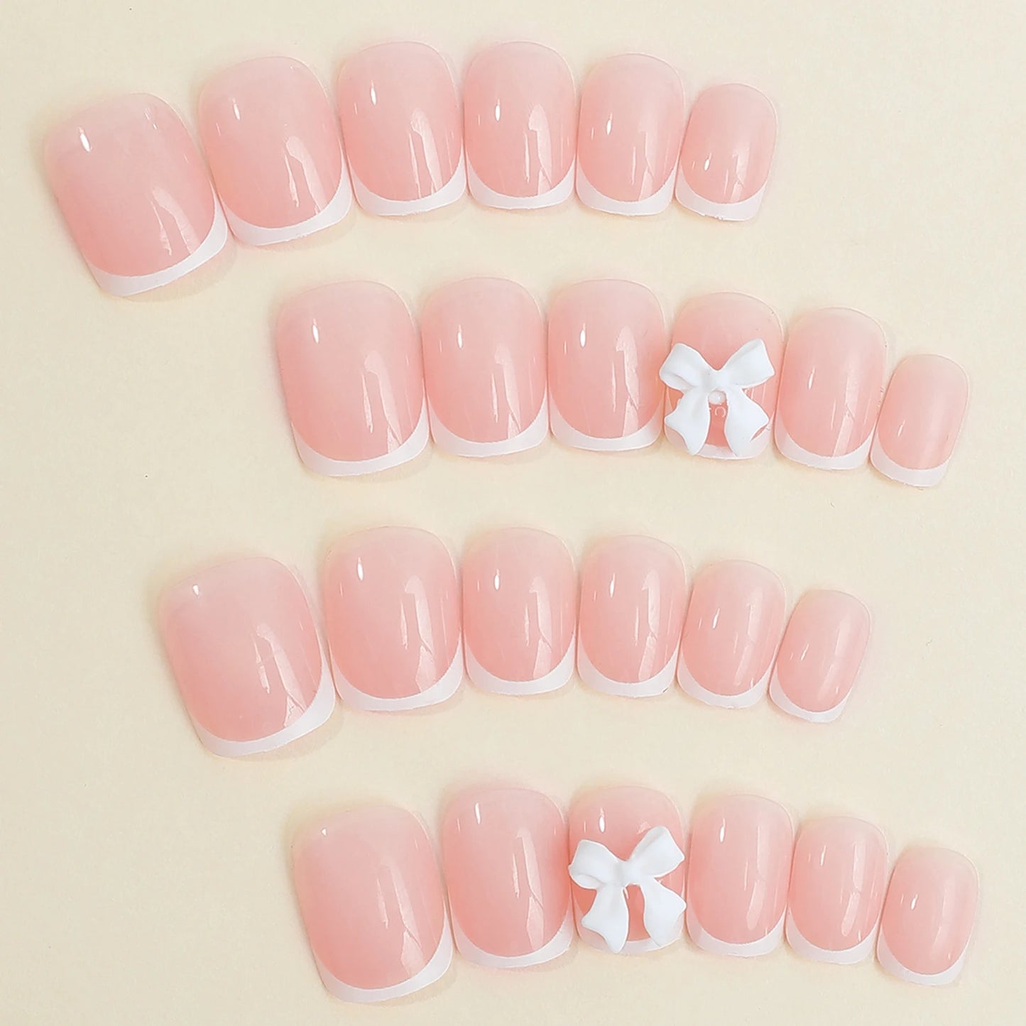 White French Press on Nails 3D Bowknot Fake Nails Tips Full Cover Wearable False Nails for Women and Girls DIY Manicure 24Pcs