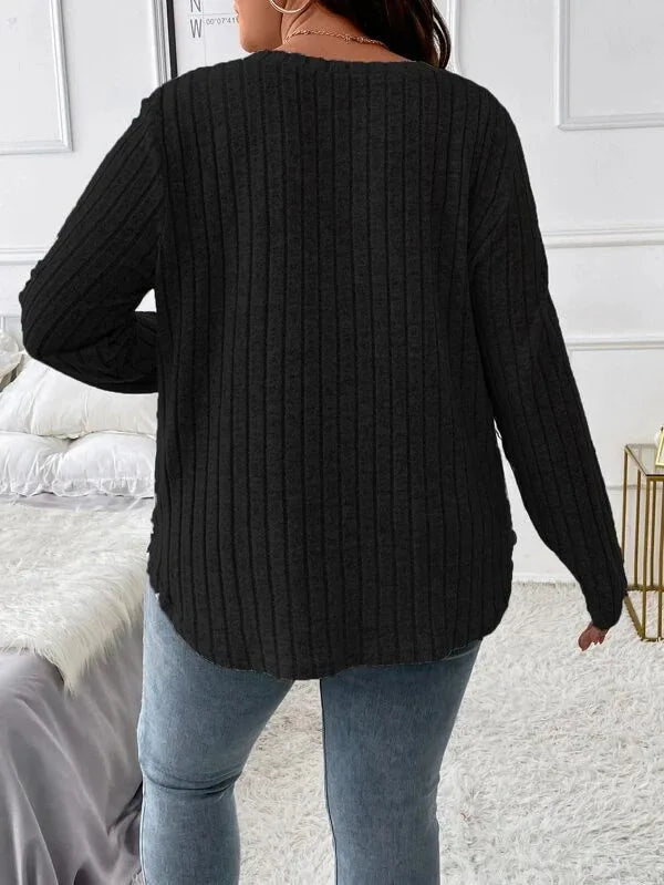 GIBSIE Plus Size Women's Casual V-Neck Long Sleeve Tees Shirt 2024 Spring Autumn Fashion Loose Ribbed Knit Tops for Women