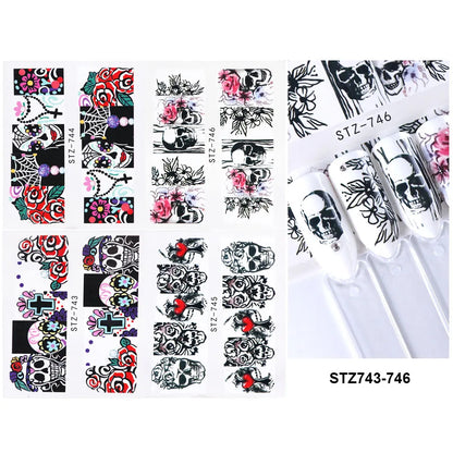 4pcs Clown Skull Bone Nail Stickers Cute Anime Sliders Halloween Water Decals Nail Art Decorations Manicure Wraps LASTZ735-738