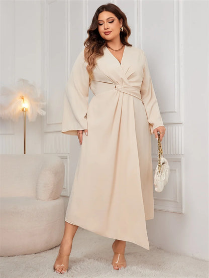 GIBSIE Plus Size Solid V-neck Twist Front Elegant Dress Women 2024 Autumn New Long Sleeve Office Ladies Asymmetrical Long Dress