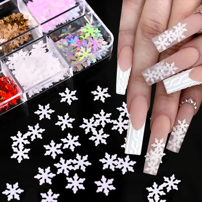 6Grids/Box Winter Christmas Snowflake Nail Art Glitter Iridescent White Glitter Flake Sequins Manicure Xmas Spangle Paillettes *