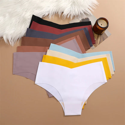 FINETOO 3PCS Ultra-thin Women's Seamless Underwear Panties Sexy V-Shaped Waist Briefs 10 Soild Colours Cozy Stretch Underpants