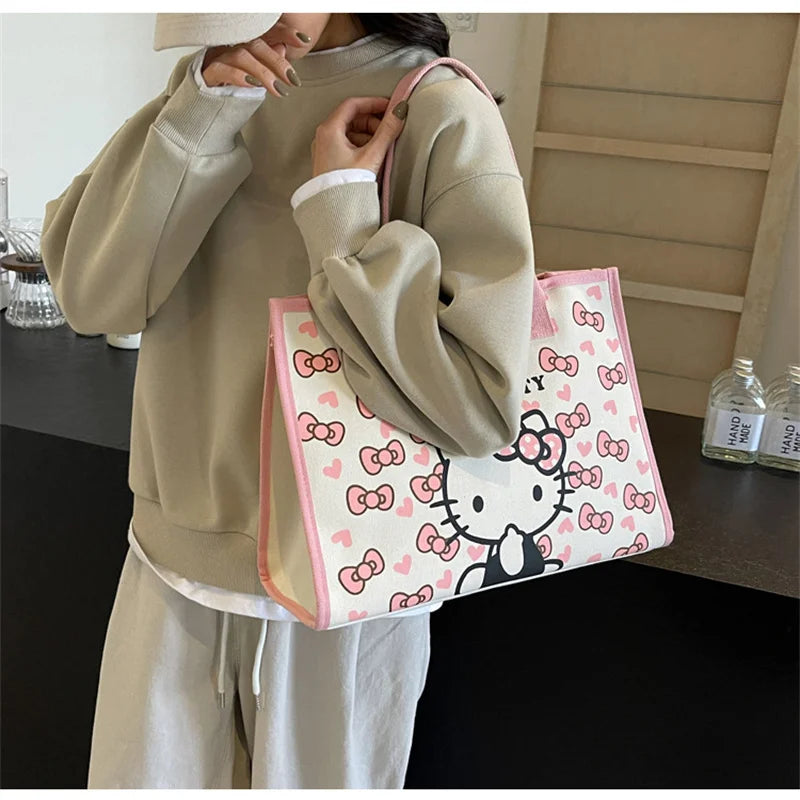 Hello Kitty All Match Retro Canvas Bag Women Commuter Shoulder Handbag Girl Student Large Capacity Cartoon Schoolbag