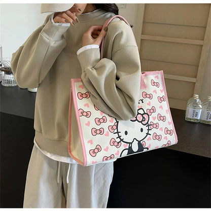 Hello Kitty All Match Retro Canvas Bag Women Commuter Shoulder Handbag Girl Student Large Capacity Cartoon Schoolbag