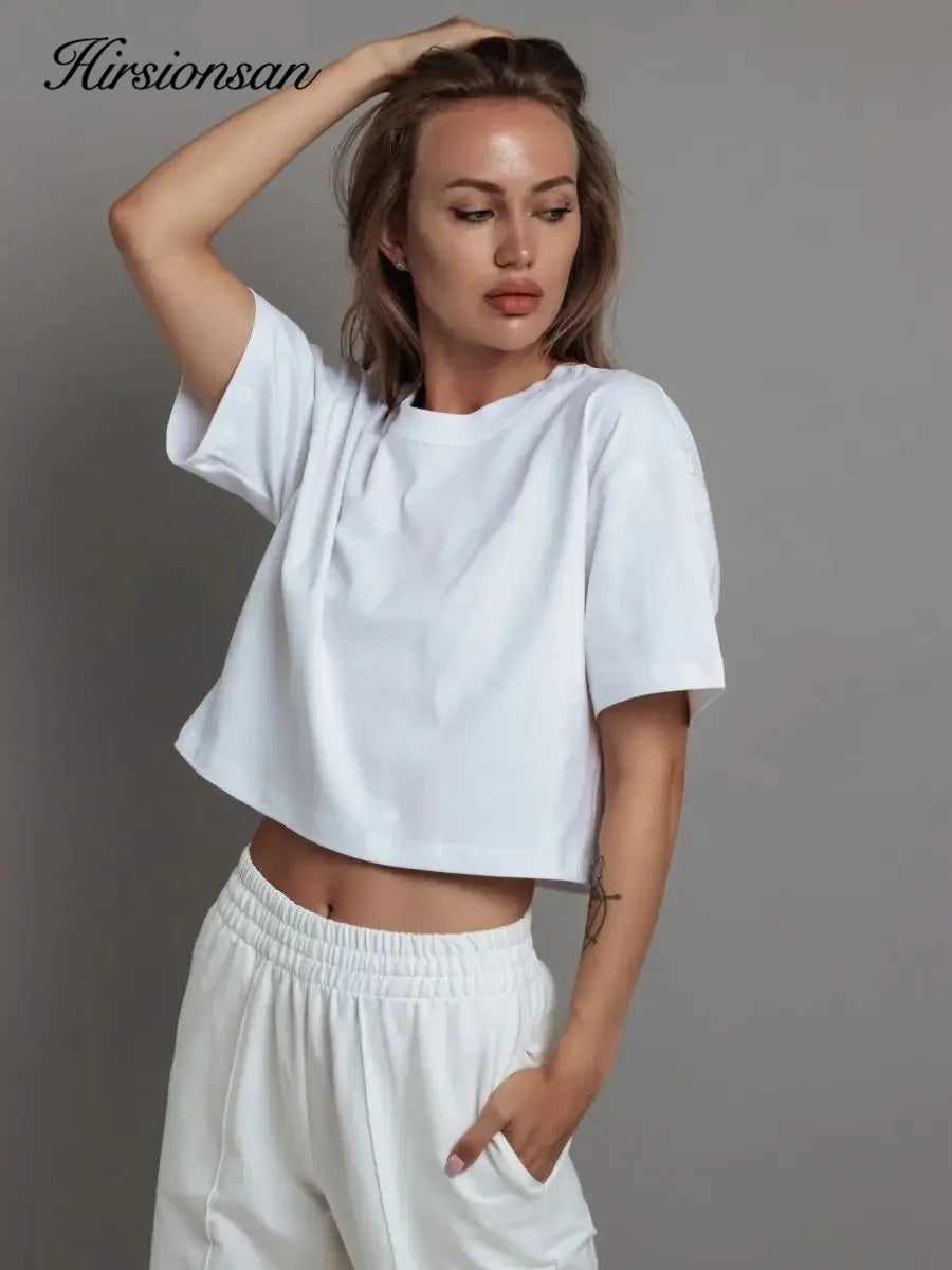 Hirsionsan 100% Cotton Short T Shirt Women 2024 New Y2k Summer Basic Vintage Tees Casual Loose Chic O Neck Female Crop Tops