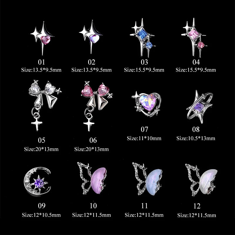 5/10Pcs Manicure Metal Silver Pink Blue Purple Heart Butterfly Rhinestones 3D Nail Decorations DIY Nail Art Charms Accessories