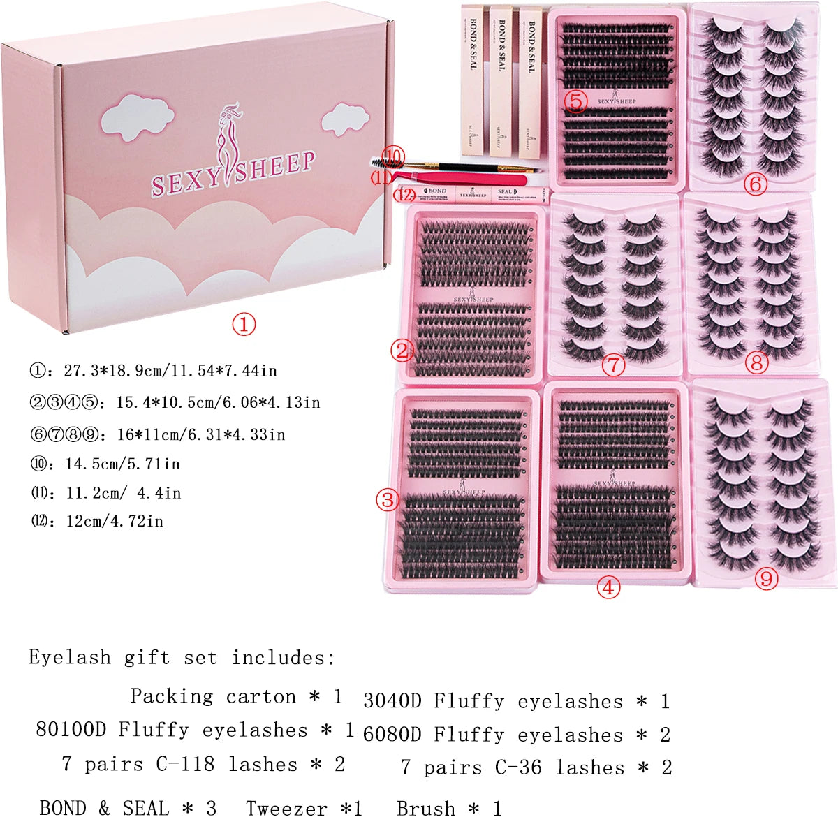 Flase eyelashes Gift box with 3pcs bond and seal,1pcs tweezer,1pcs lash brush,8pcs false eyelashes festival gift makeup tool