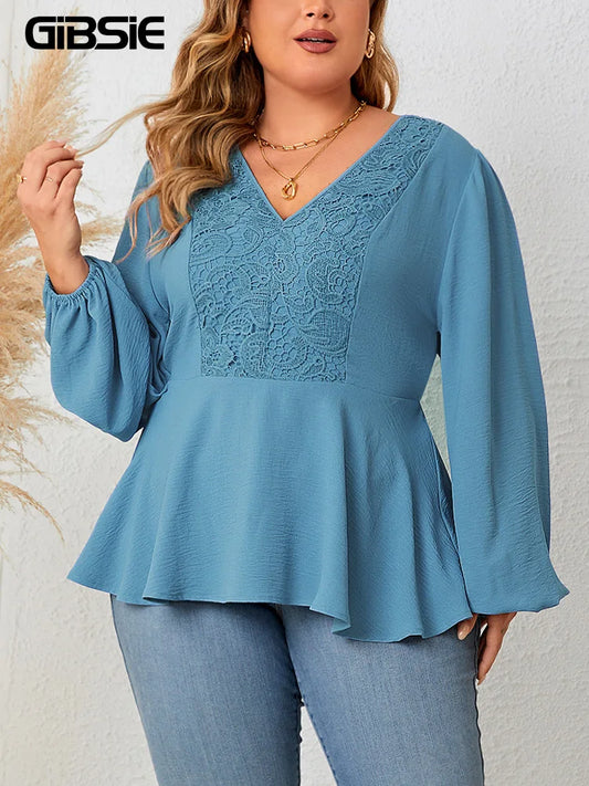 GIBSIE Plus Size V Neck Contrast Lace Women's Top Fashion Vintage Full Lantern Sleeve Elegant Peplum Blouse 2023 Autumn New