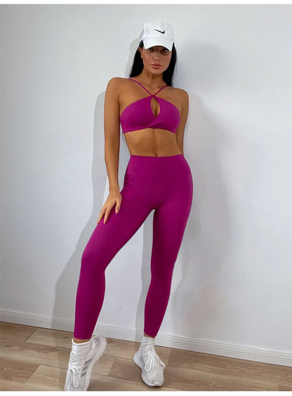 CUTIES Wrap Front Fitness Yoga Set Women Luxury Scrunch Booty Leggings Workout Clother Purple Sport Bra Gym Sport Suit Tracksuit