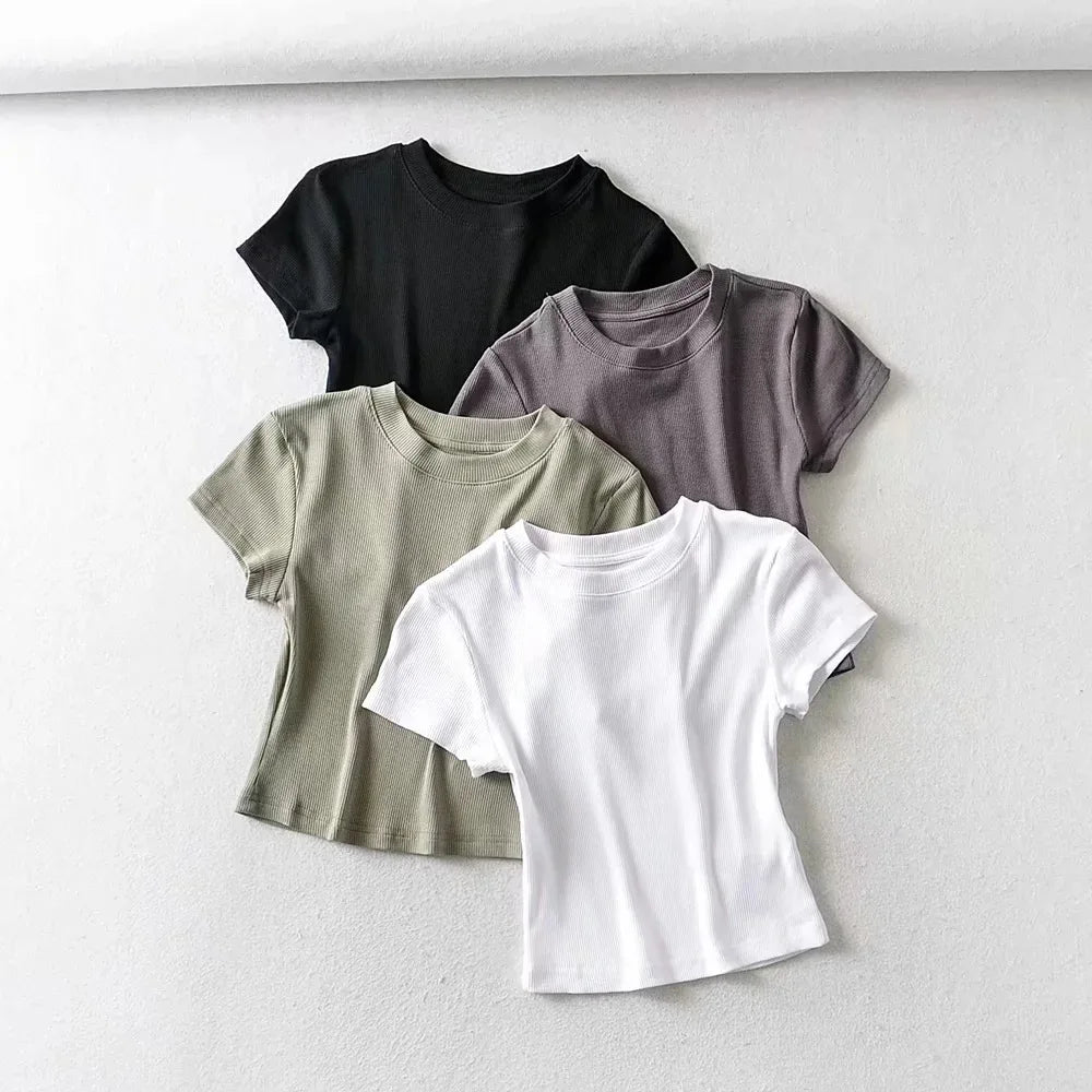 Summer Sexy Women O-neck Short-sleeve T-shirt Slim Elastic Skinny Crop Tops