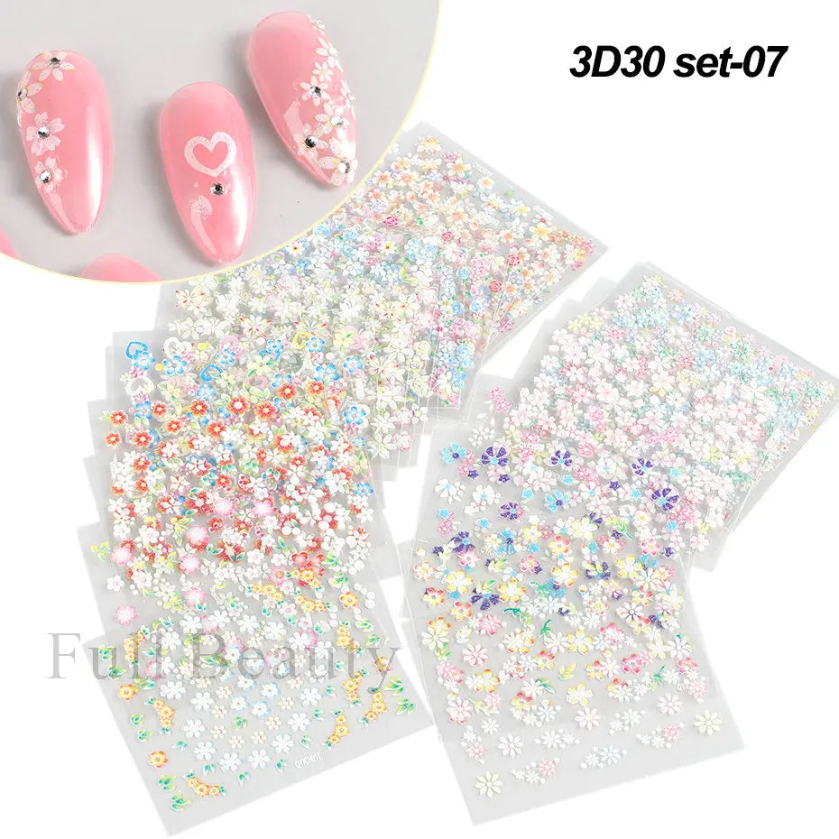 8/30Pcs Kawaii White Flower Nail Sticker Set Cute Japanese Style Floral Decals Sakura Petals DIY Nail Charms Foils Wedding Decor