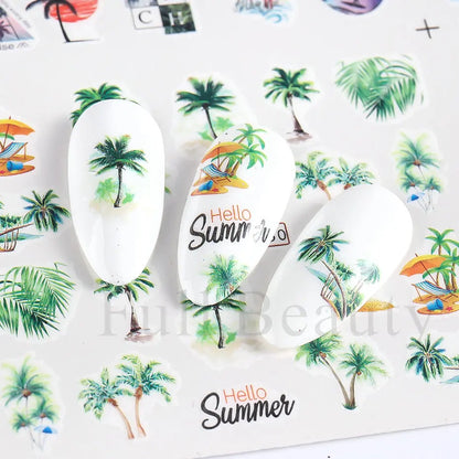 Palm Coconut Tree Summer Theme Nail Water Stickers Leaf Sea Sunset Tropical Style Water Transfer Decals Holiday Manicure Tattoos